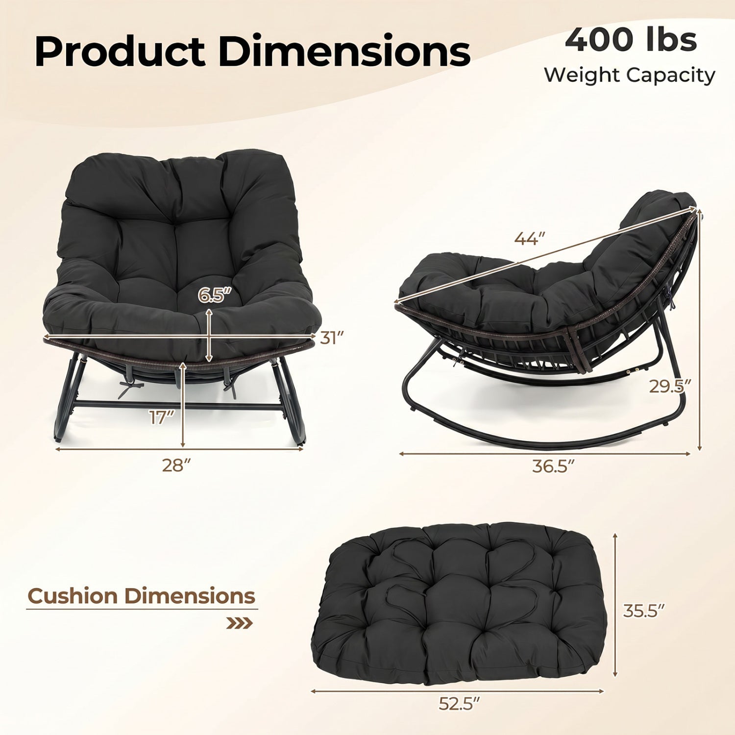 Papasan Rocking Chair with Thick Cushion - Outdoor Wicker