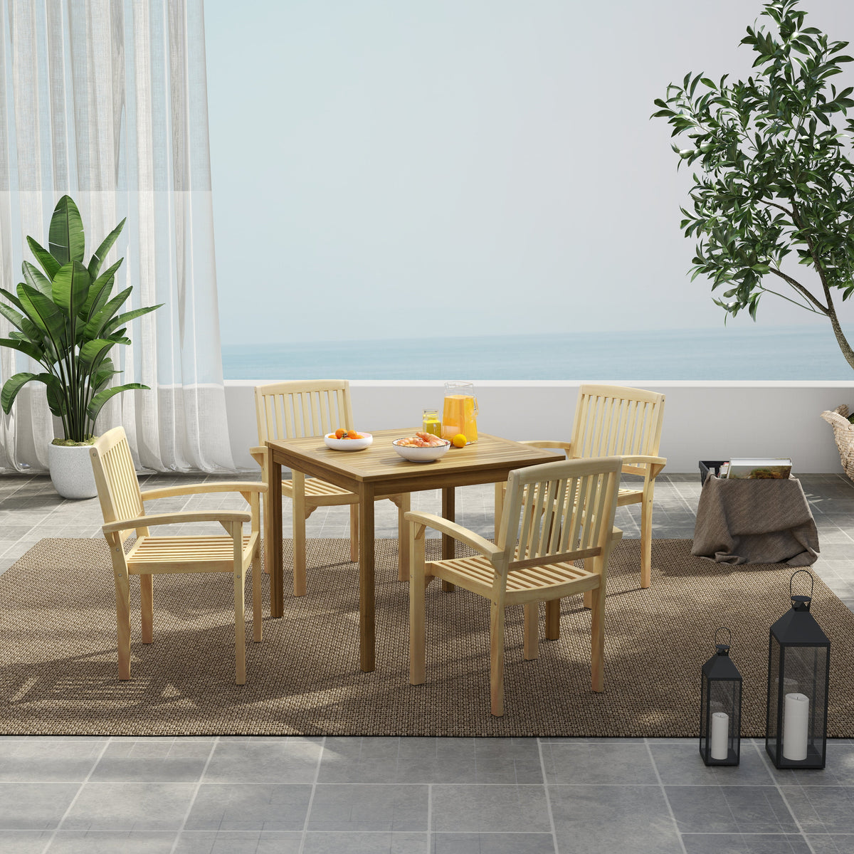 Set of 4 Outdoor Patio Chair with Slatted Seat and Curved Seat