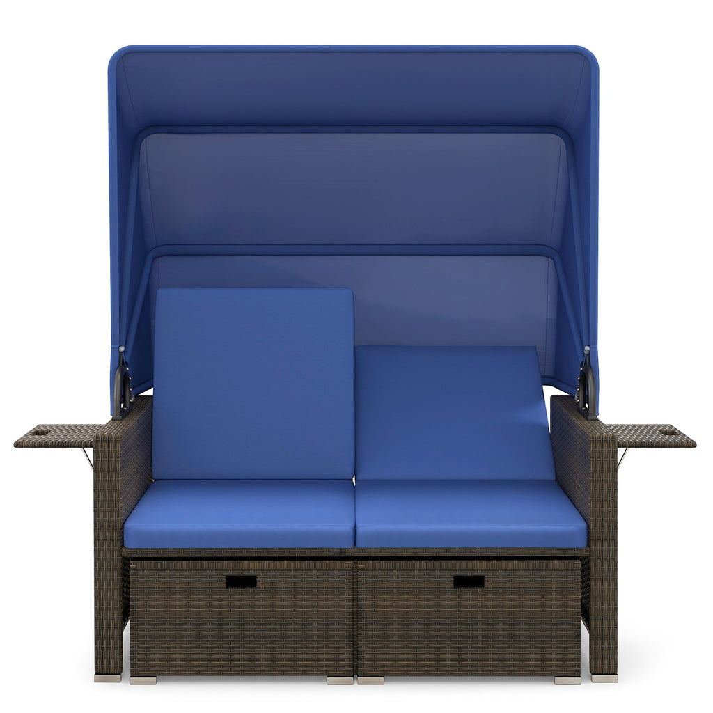 Outdoor Patio Rattan Daybed with Retractable Canopy and Adjustable Backrests-Navy