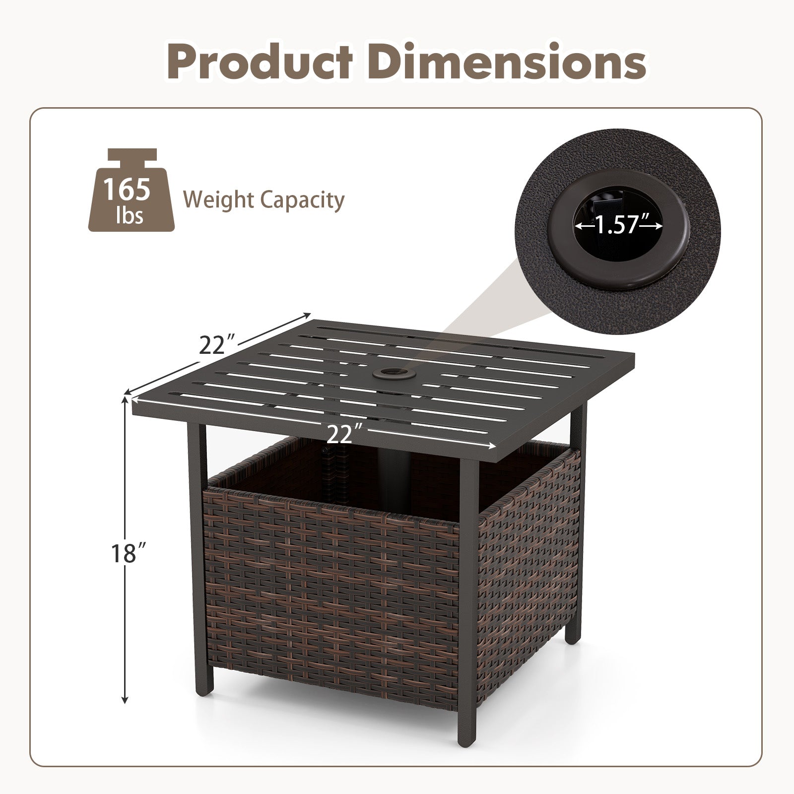 Outdoor Patio Rattan Wicker Steel Side Deck Table-Brown