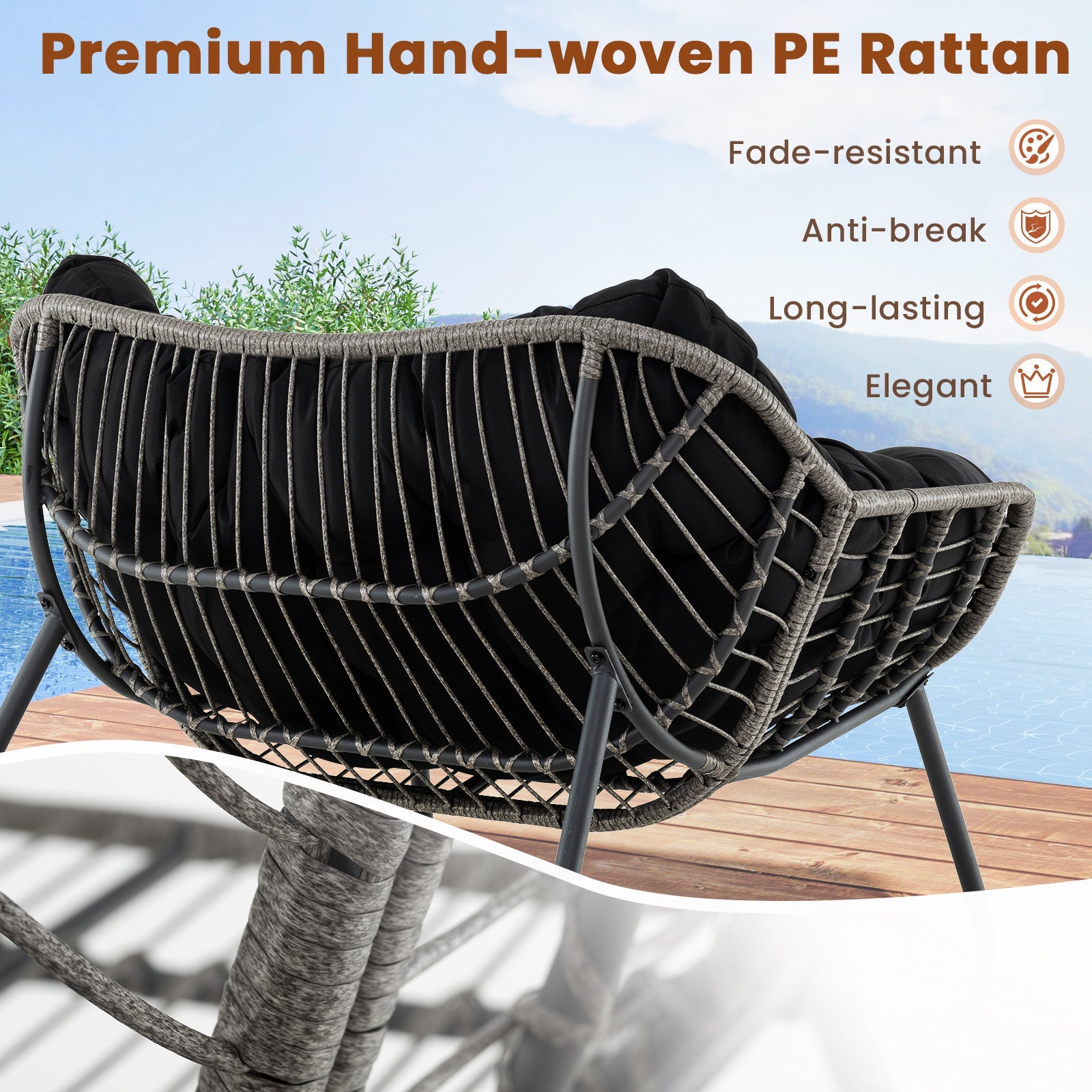 Outdoor Rocking Chair Oversized Patio PE Wicker Egg Chair with Cushion-Black