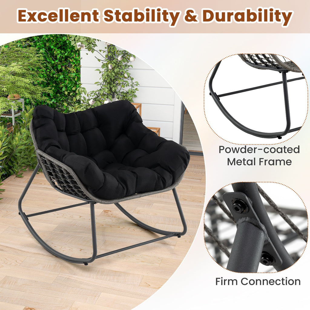 Outdoor Rocking Chair Oversized Patio PE Wicker Egg Chair with Cushion-Black