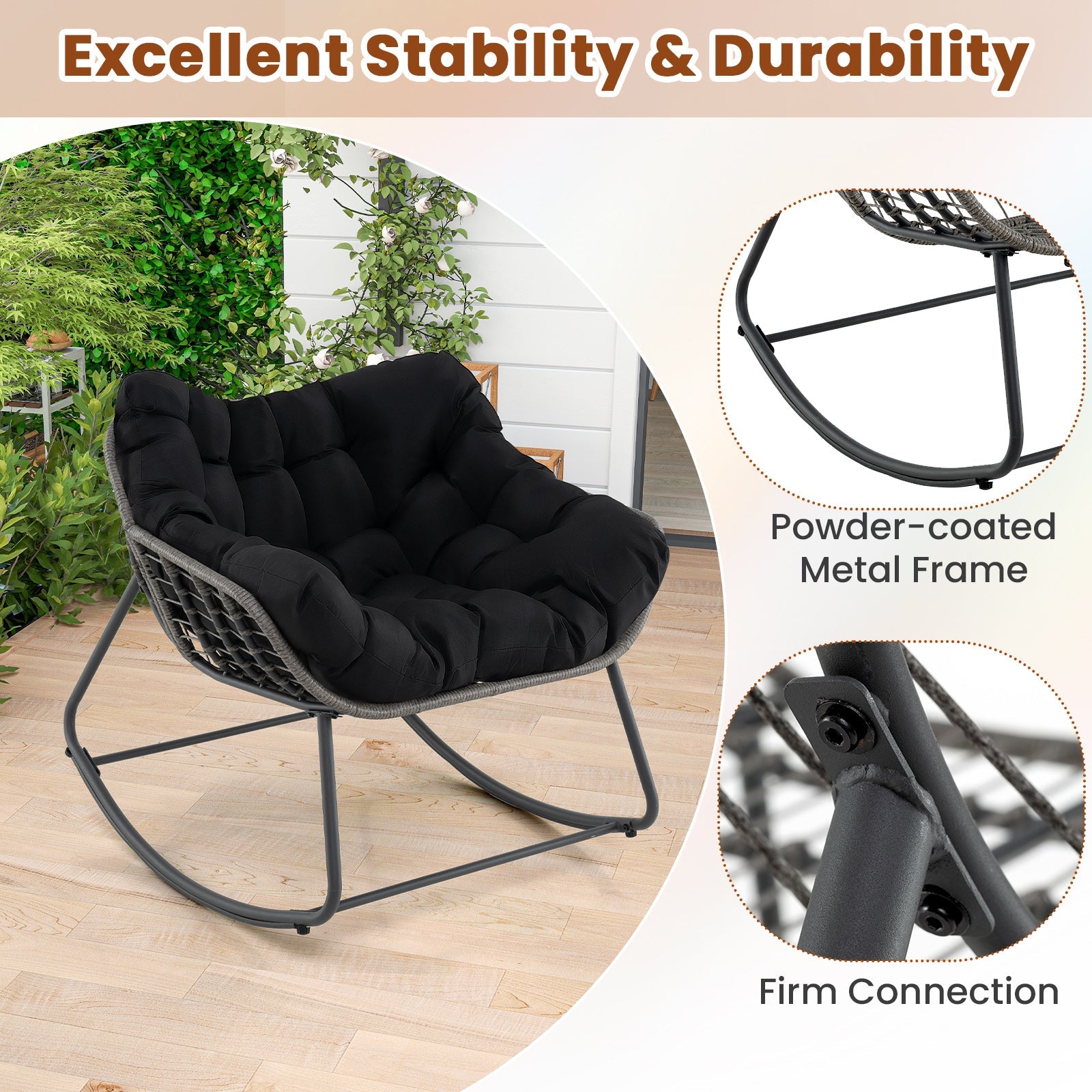 Outdoor Rocking Chair Oversized Patio PE Wicker Egg Chair with Cushion-Black