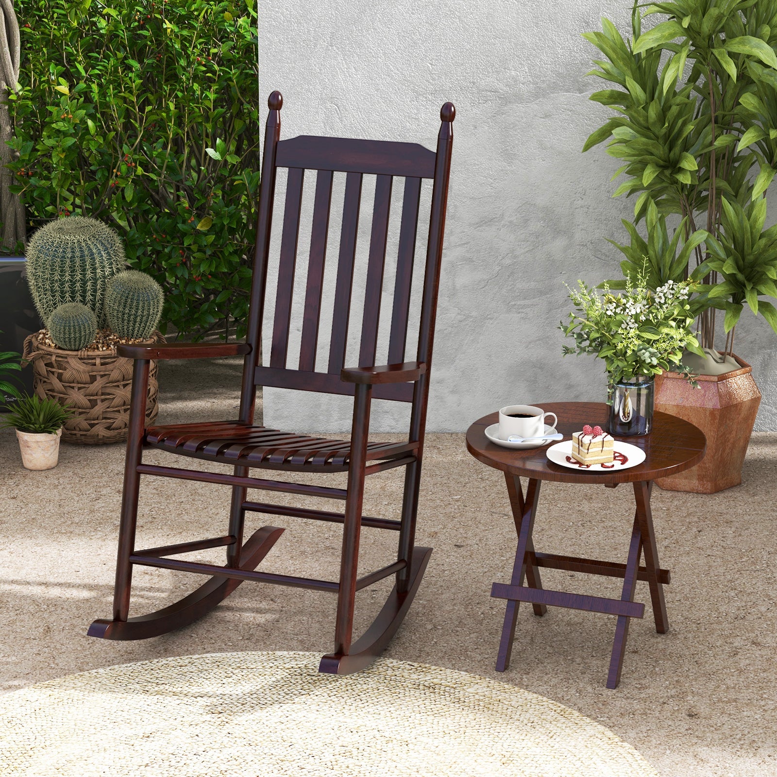 High-Back Acacia Wood Outdoor Rocking Chair with Solid Rocking Base-Br ...