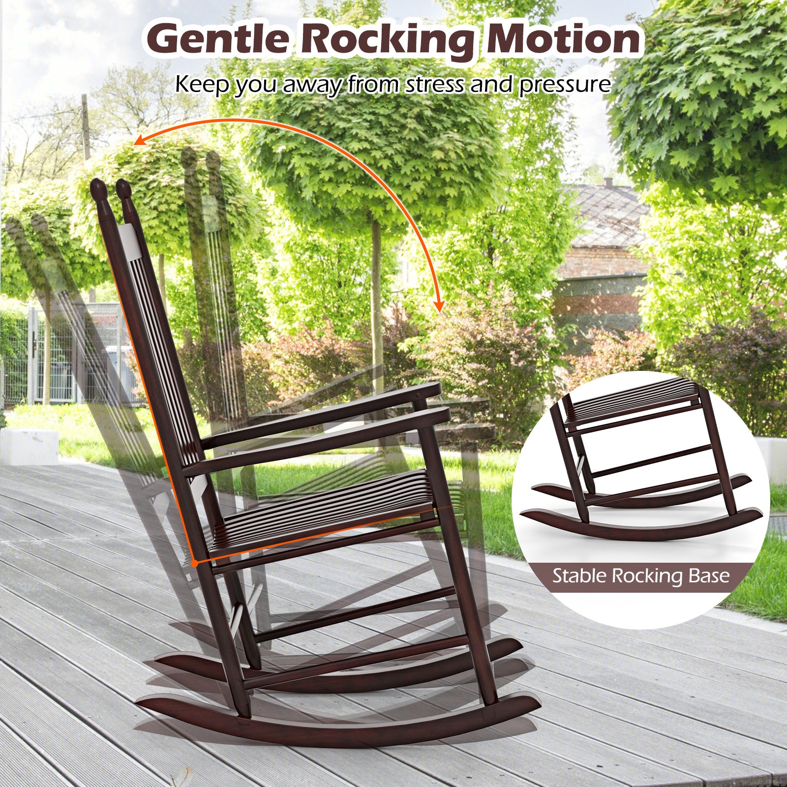High-Back Acacia Wood Outdoor Rocking Chair with Solid Rocking Base-Br ...