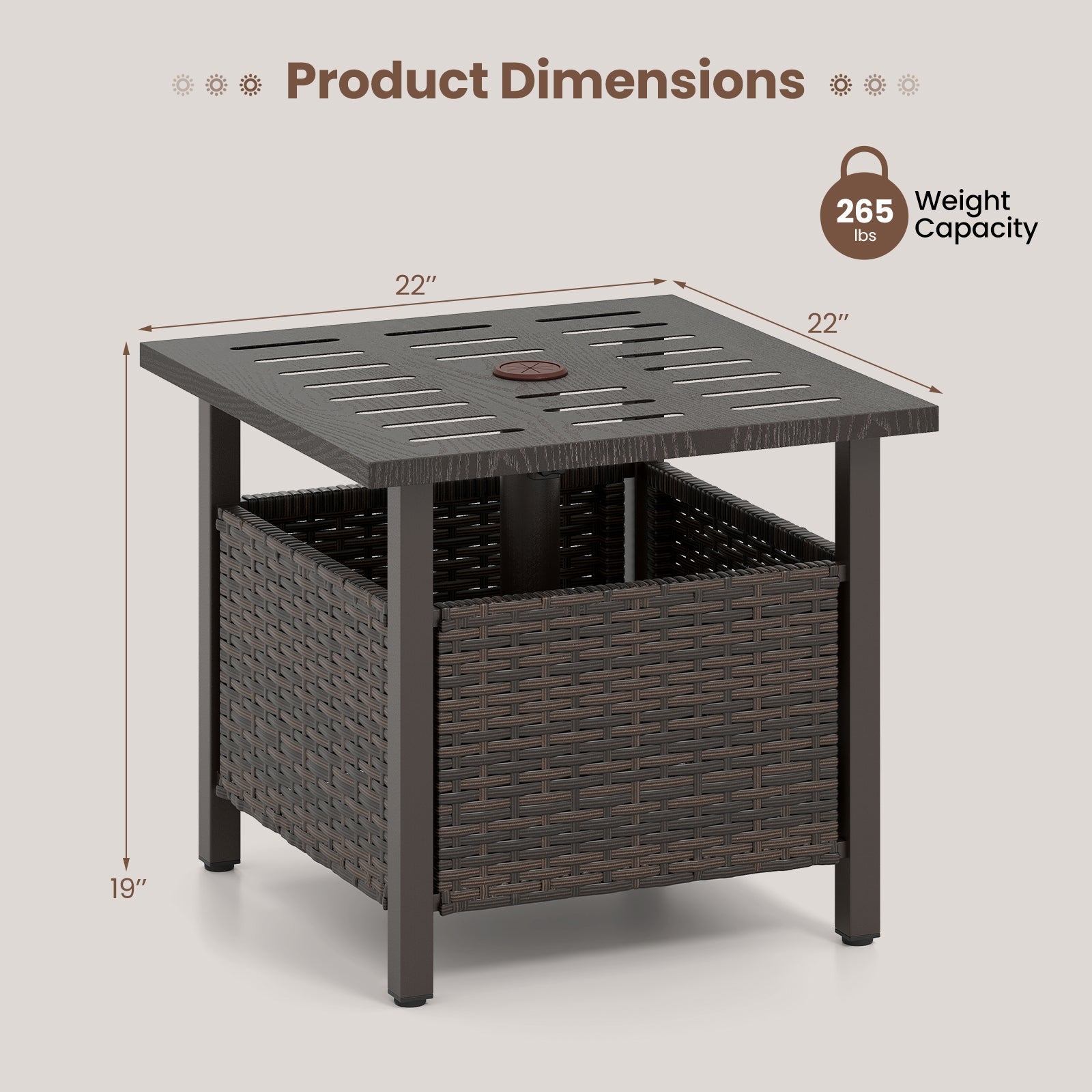 Outdoor Side Table All-Weather PE Wicker Patio Table with Umbrella Hole-Brown