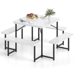 Outdoor Square Picnic Table Bench Set for 4-8 People with Umbrella Hole-White