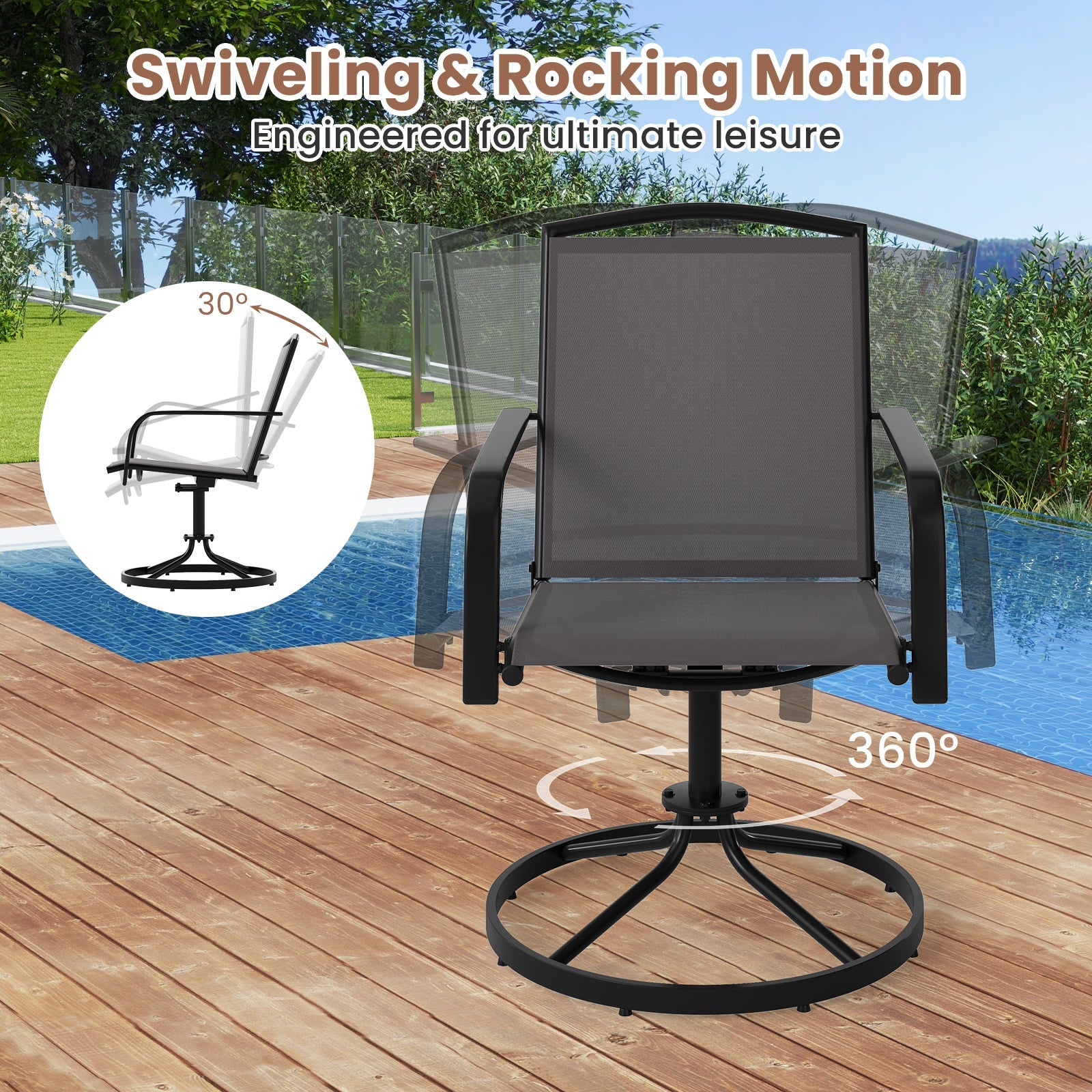 Outdoor Swivel Chairs Set of 2 with High Back and Breathable Seat-Gray