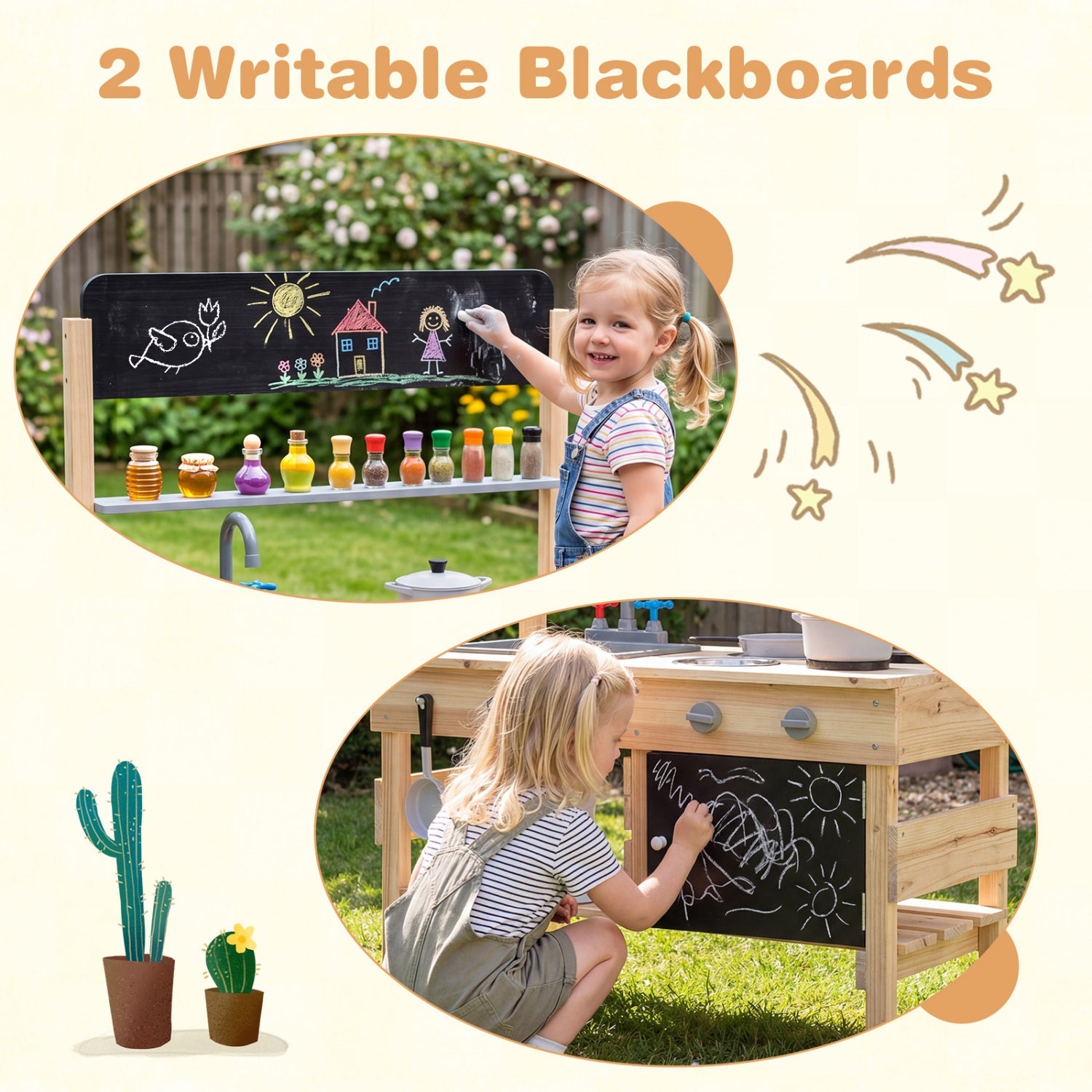 Outdoor Wooden Mud Kitchen for Kids with Sink and Stoves