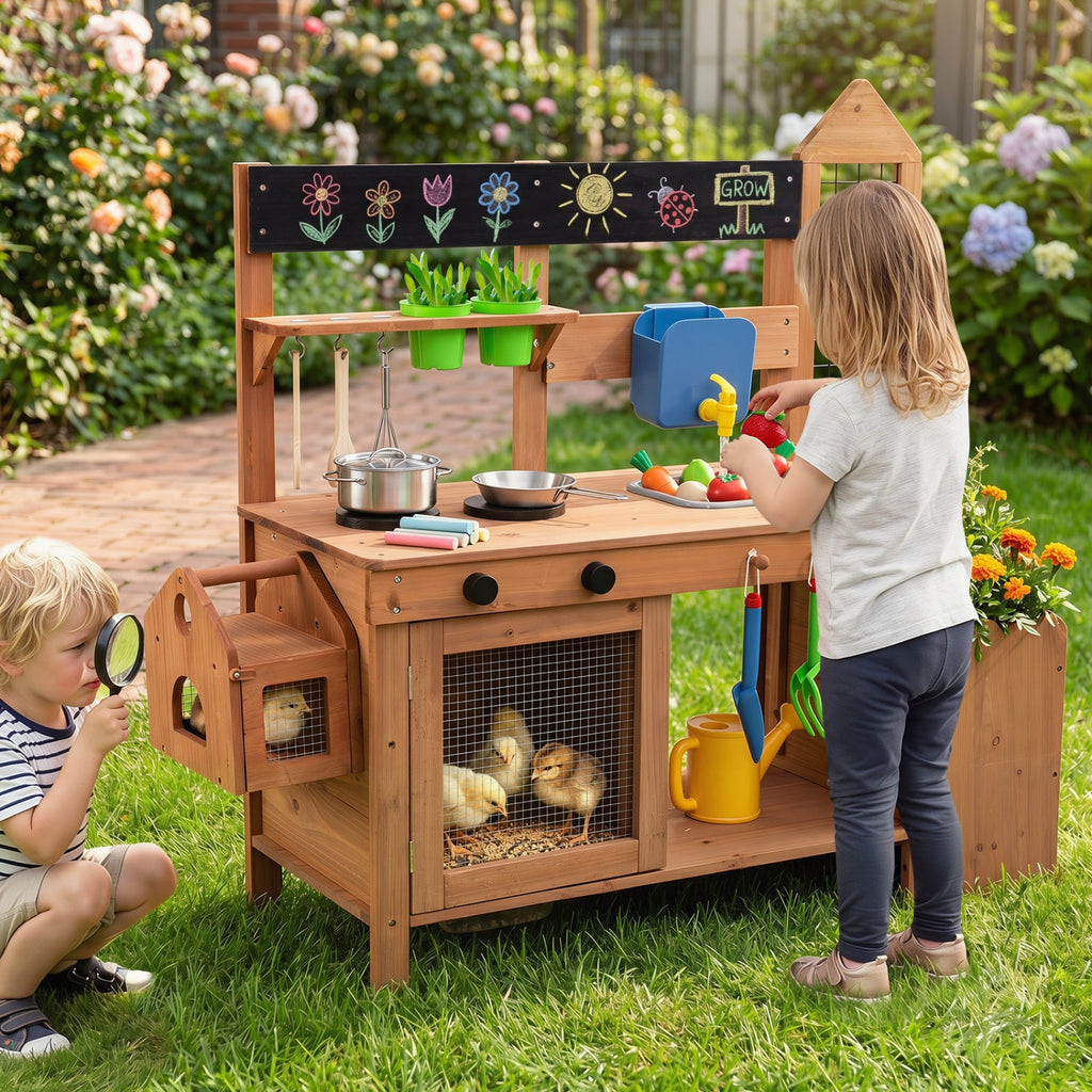 Outdoor Wooden Mud Kitchen with Planter Box and Sink