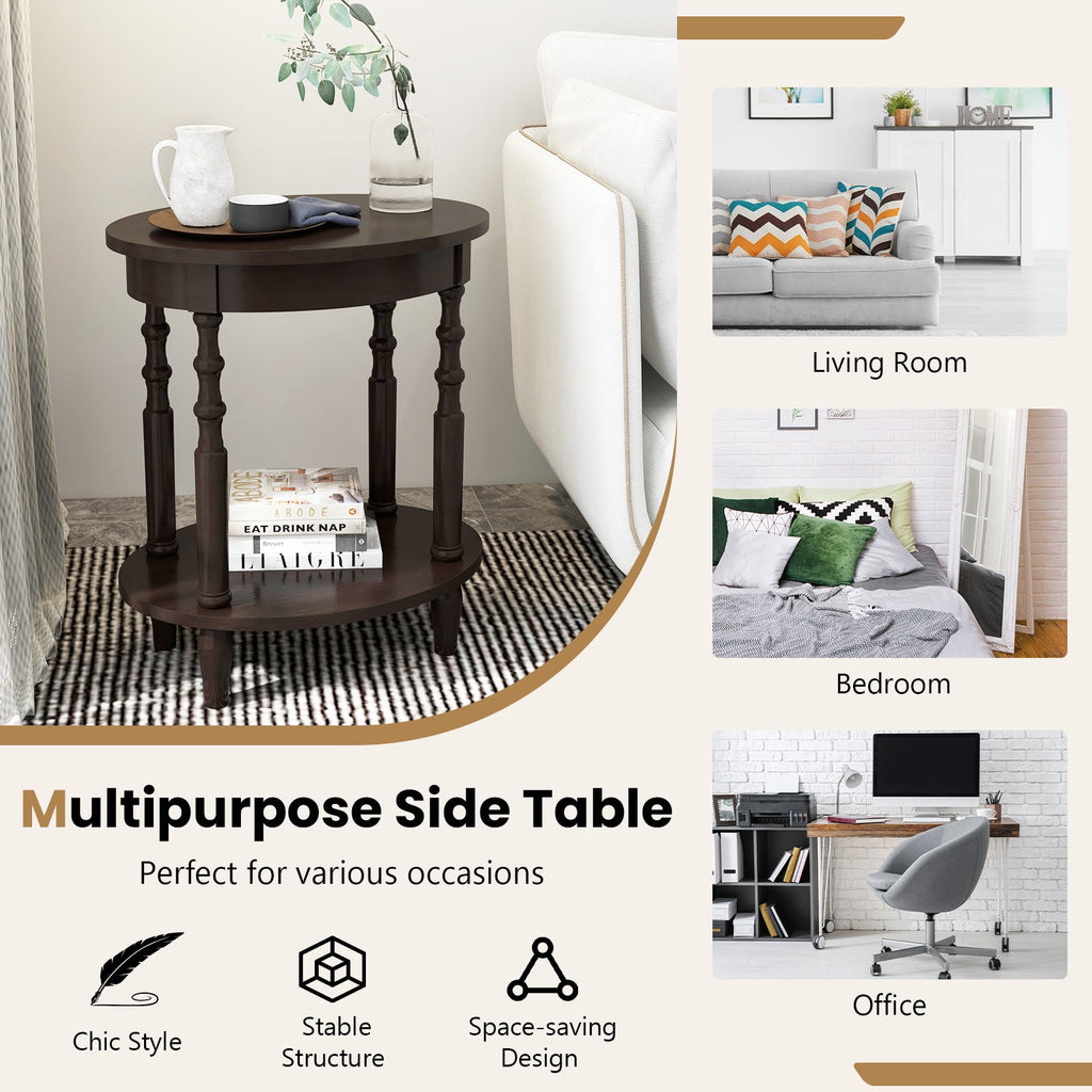 Oval Side Table with Storage Shelf and Wood Legs