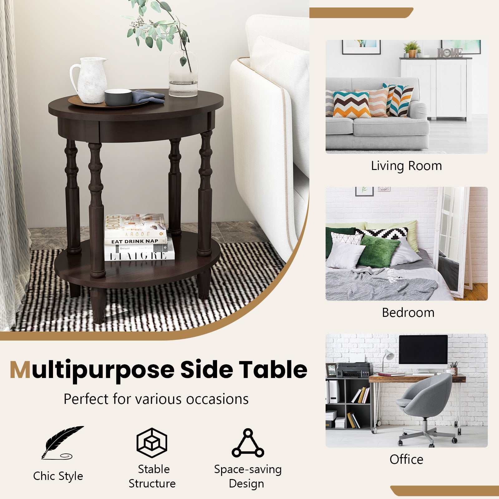 Oval Side Table with Storage Shelf and Wood Legs