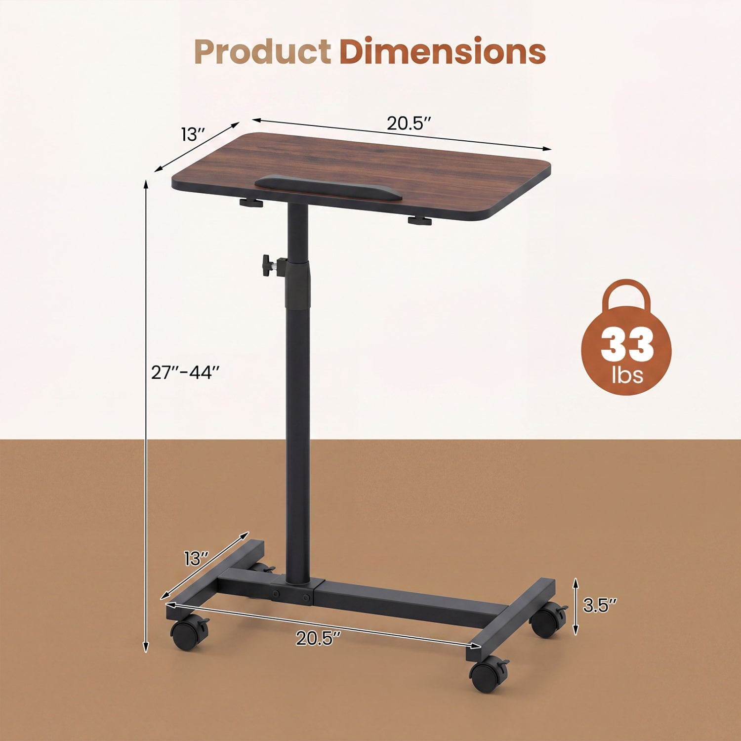 Adjustable Overbed Table with Rolling Wheels - Walnut
