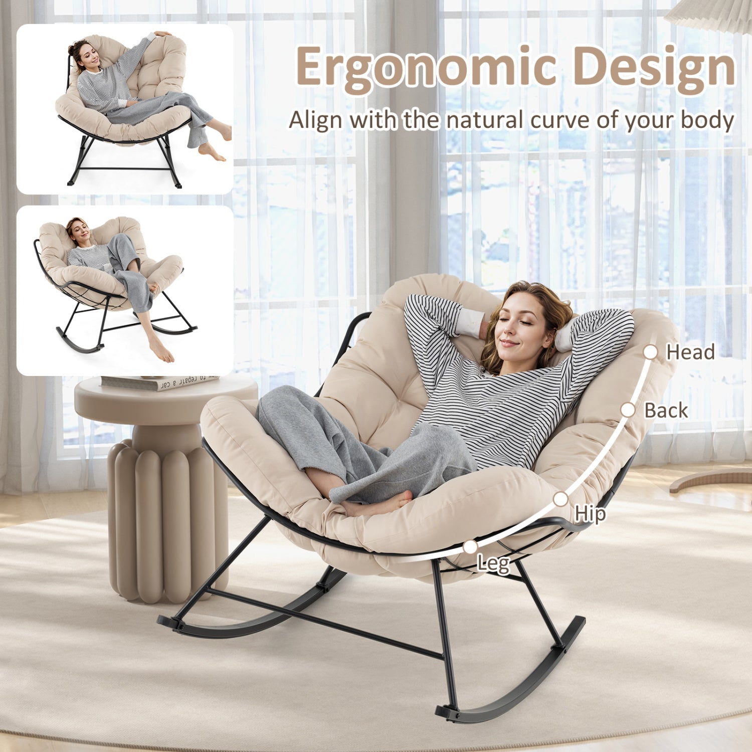Oversized Egg Papasan Chair with Padded Cushion for Porch