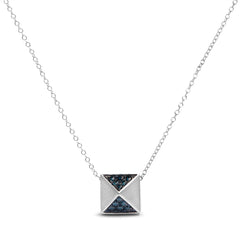 14K White Gold 1/4 Cttw Treated Blue Diamond Matte Finished Pyramid Pendant Necklace (Blue Color, SI1-SI2 Clarity) - 18" Inches