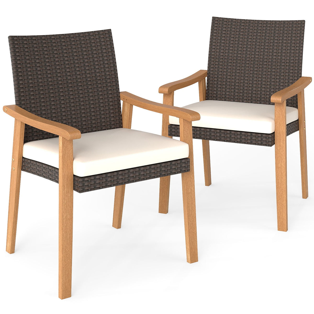 PE Rattan Outdoor Patio Dining Chair Set of 2 with Removable Cushion and Acacia Wood Armrests-White