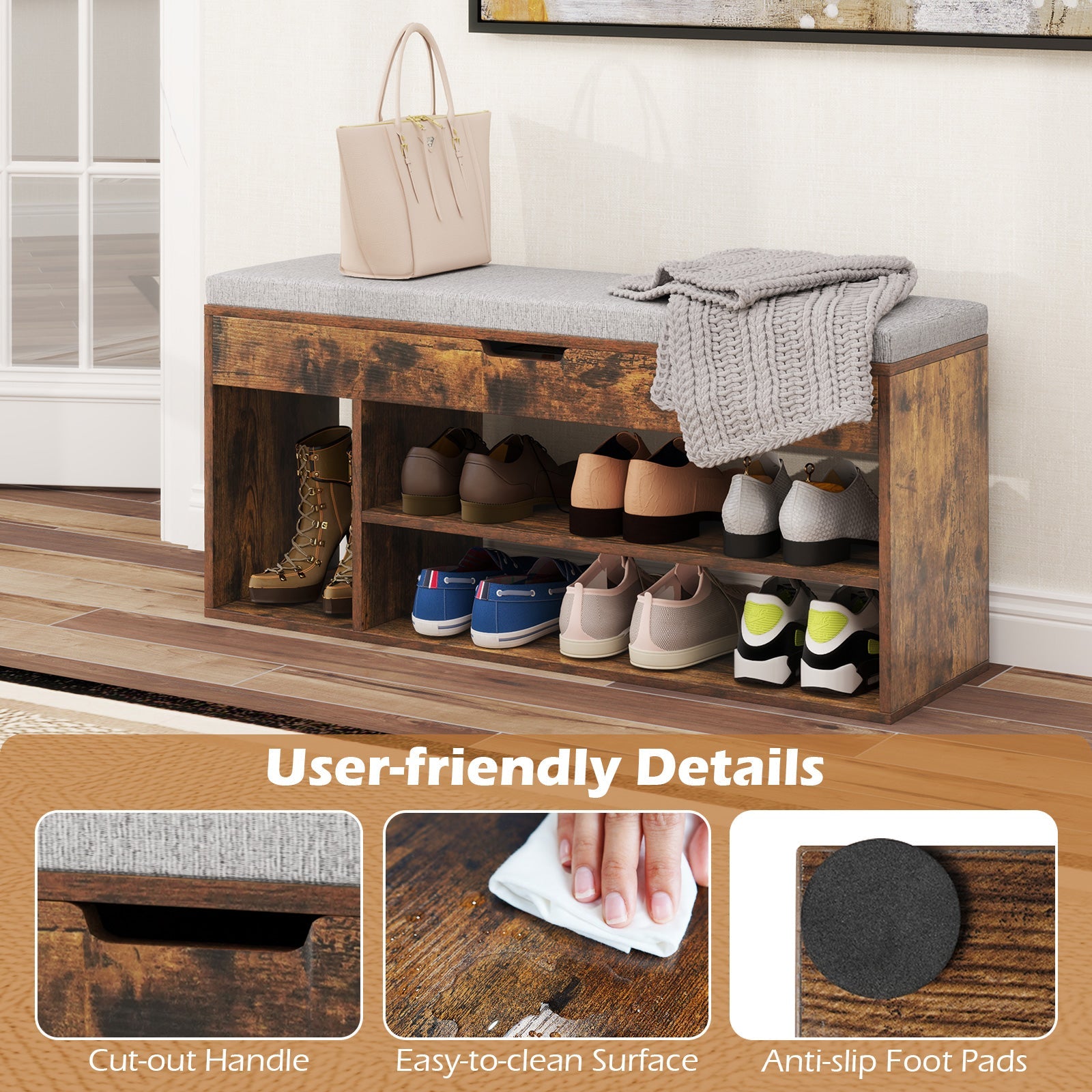 Padded Seat Shoe Bench with Hidden Storage and 3 Open Shelves-Coffee