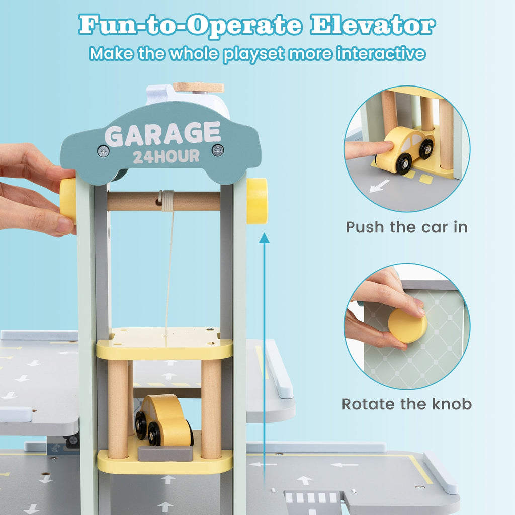 Parking Garage Playset with 4 Cars and Helicopter-Gray