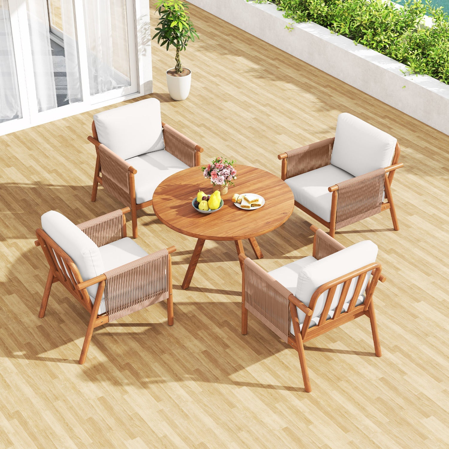 Patio Acacia Wood Chair Set of 4 with Woven Rope Armrests and Seat Back Cushions for Backyard