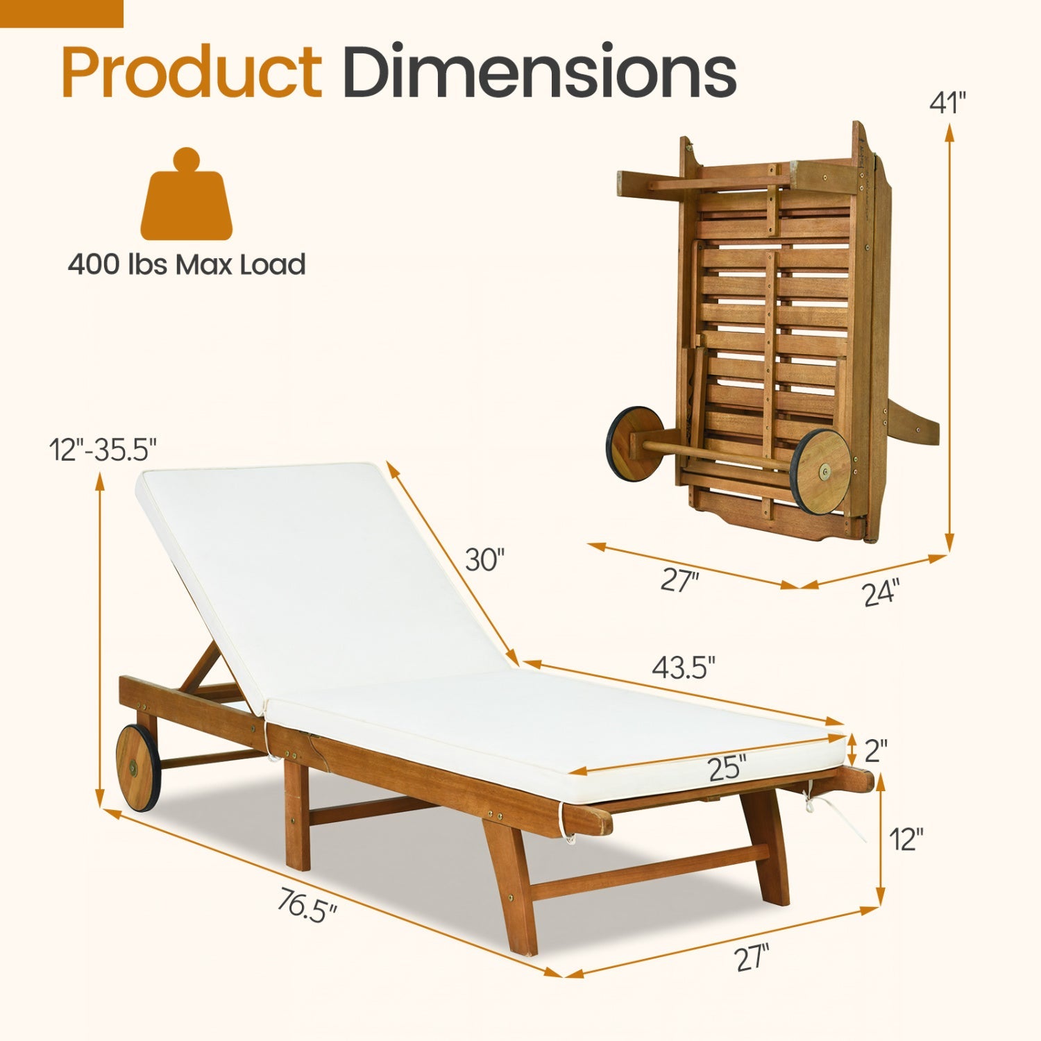 Patio Acacia Wood Lounge Chair Chaise Recliner