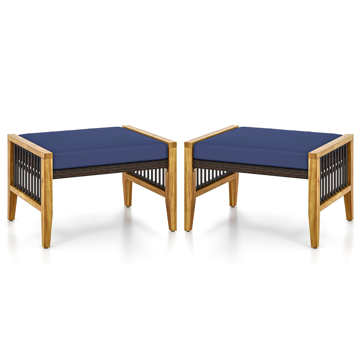 Patio Acacia Wood Ottomans with Cushions and Versatile Rattan Woven Footstools-Navy
