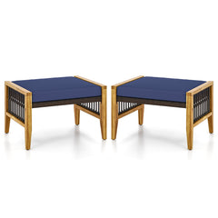 Patio Acacia Wood Ottomans with Cushions and Versatile Rattan Woven Footstools-Navy
