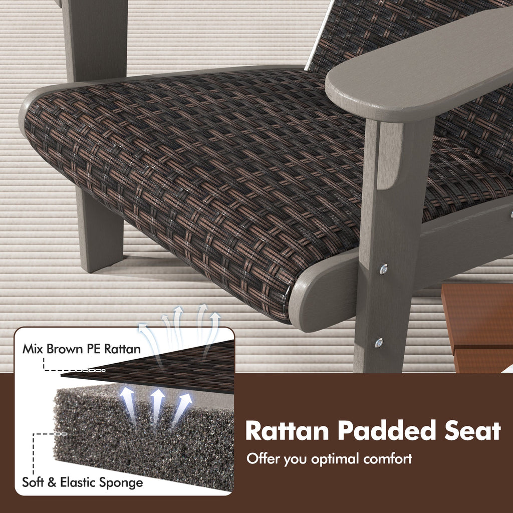 Patio Adirondack Chair with Rattan Padded Seat and Hidden Cupholder-Gray