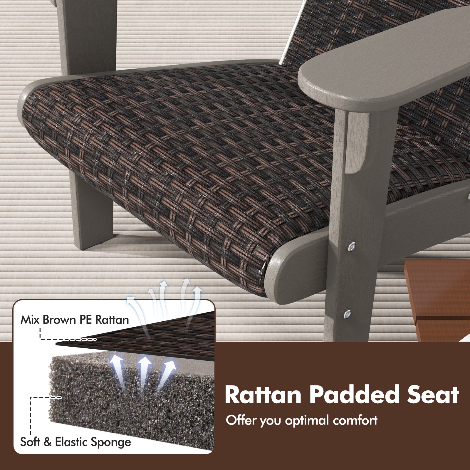 Patio Adirondack Chair with Rattan Padded Seat and Hidden Cupholder-Gray