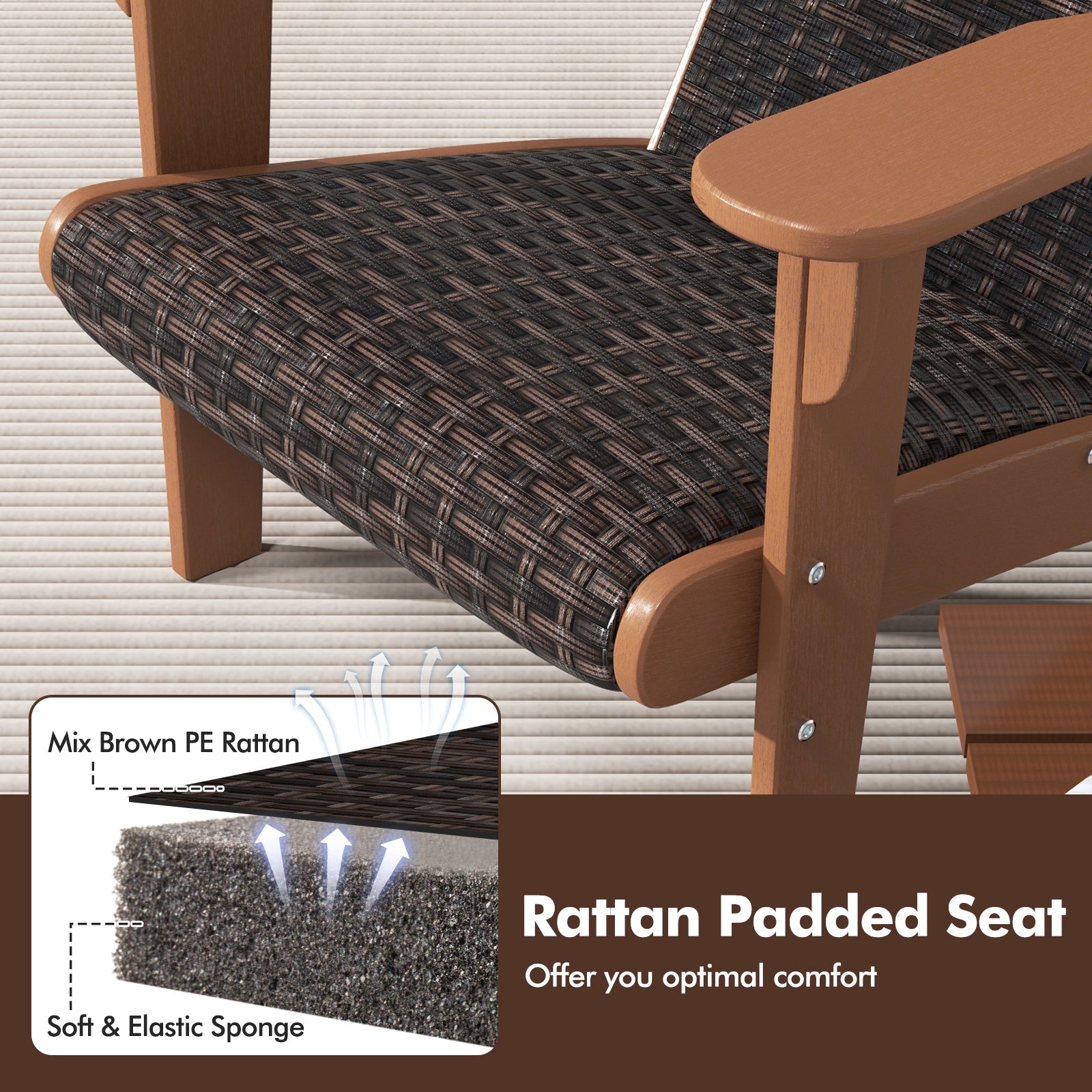 Patio Adirondack Chair with Rattan Padded Seat and Hidden Cupholder-Coffee