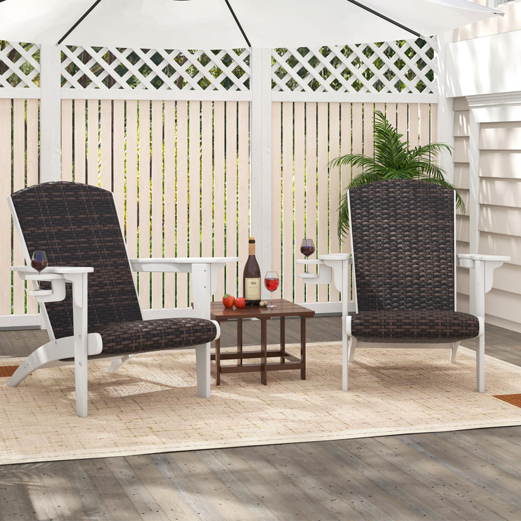 Patio Adirondack Chair with Rattan Padded Seat and Hidden Cupholder-White