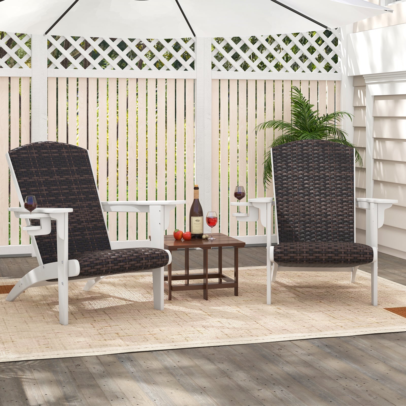 Patio Adirondack Chair with Rattan Padded Seat and Hidden Cupholder-White