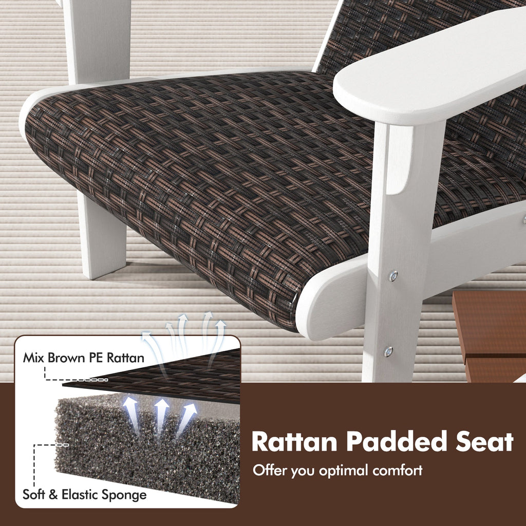 Patio Adirondack Chair with Rattan Padded Seat and Hidden Cupholder-White