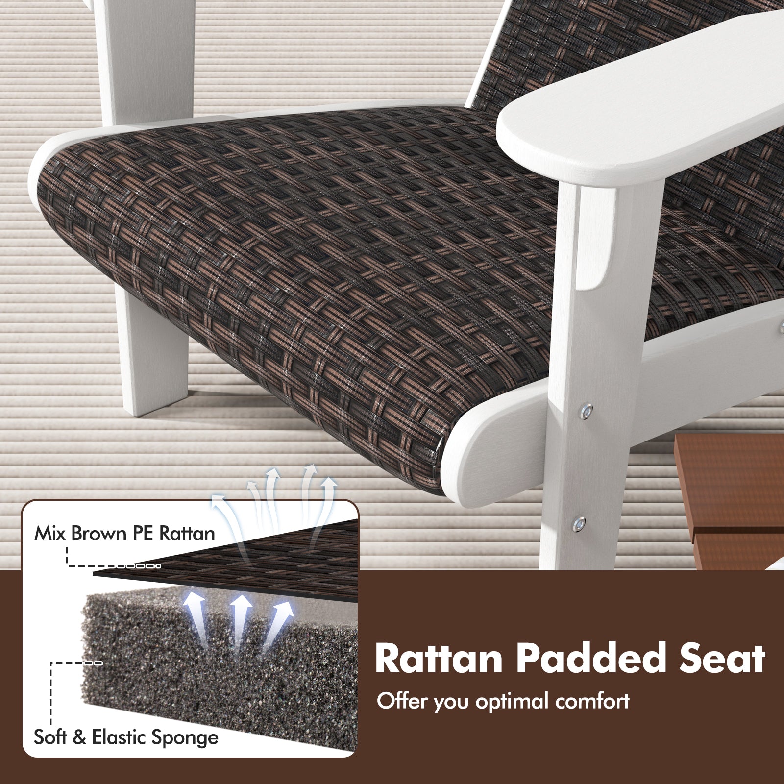 Patio Adirondack Chair with Rattan Padded Seat and Hidden Cupholder-White