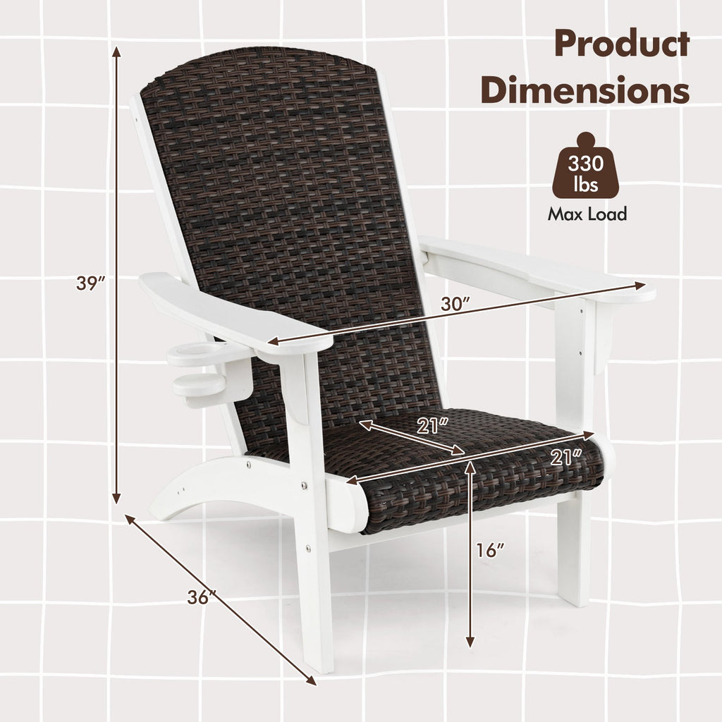 Patio Adirondack Chair with Rattan Padded Seat and Hidden Cupholder-White
