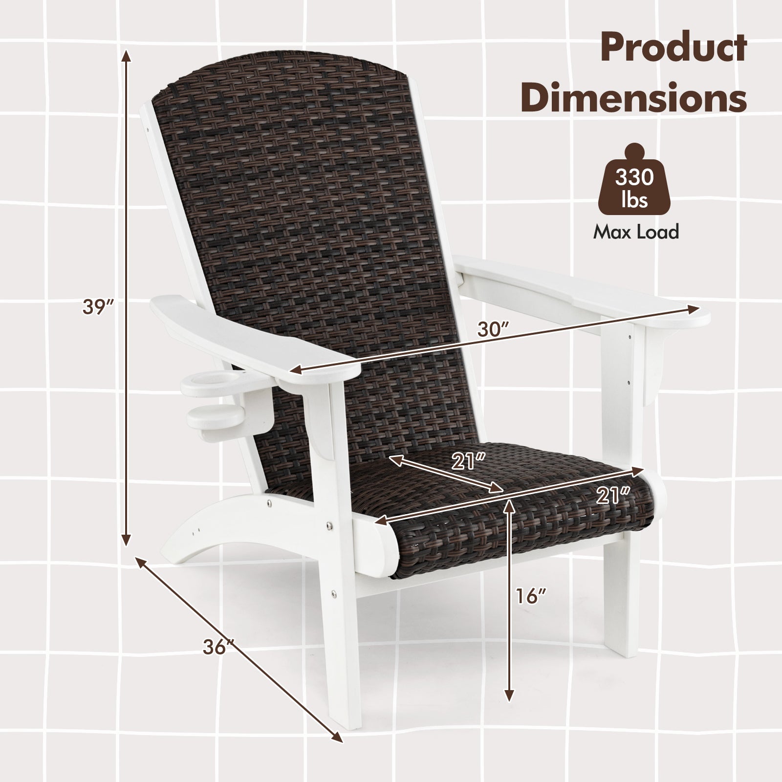 Patio Adirondack Chair with Rattan Padded Seat and Hidden Cupholder-White