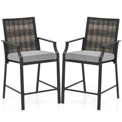 Patio Bar Stools Set of 2 Counter Height Rattan Bar Chairs with Armrest-Grey