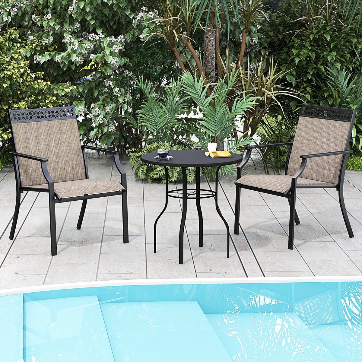Patio Chairs Set of 2 with All Weather Breathable Fabric-Brown