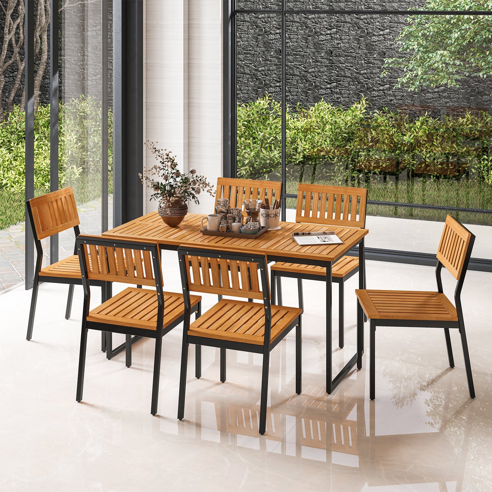 Patio Dining Chair Set of 2 with Metal and Acacia Wood Frame