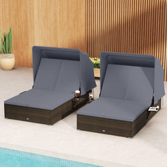 Patio Double Chaise Lounge with Shade Cushions and Folding Side Trays