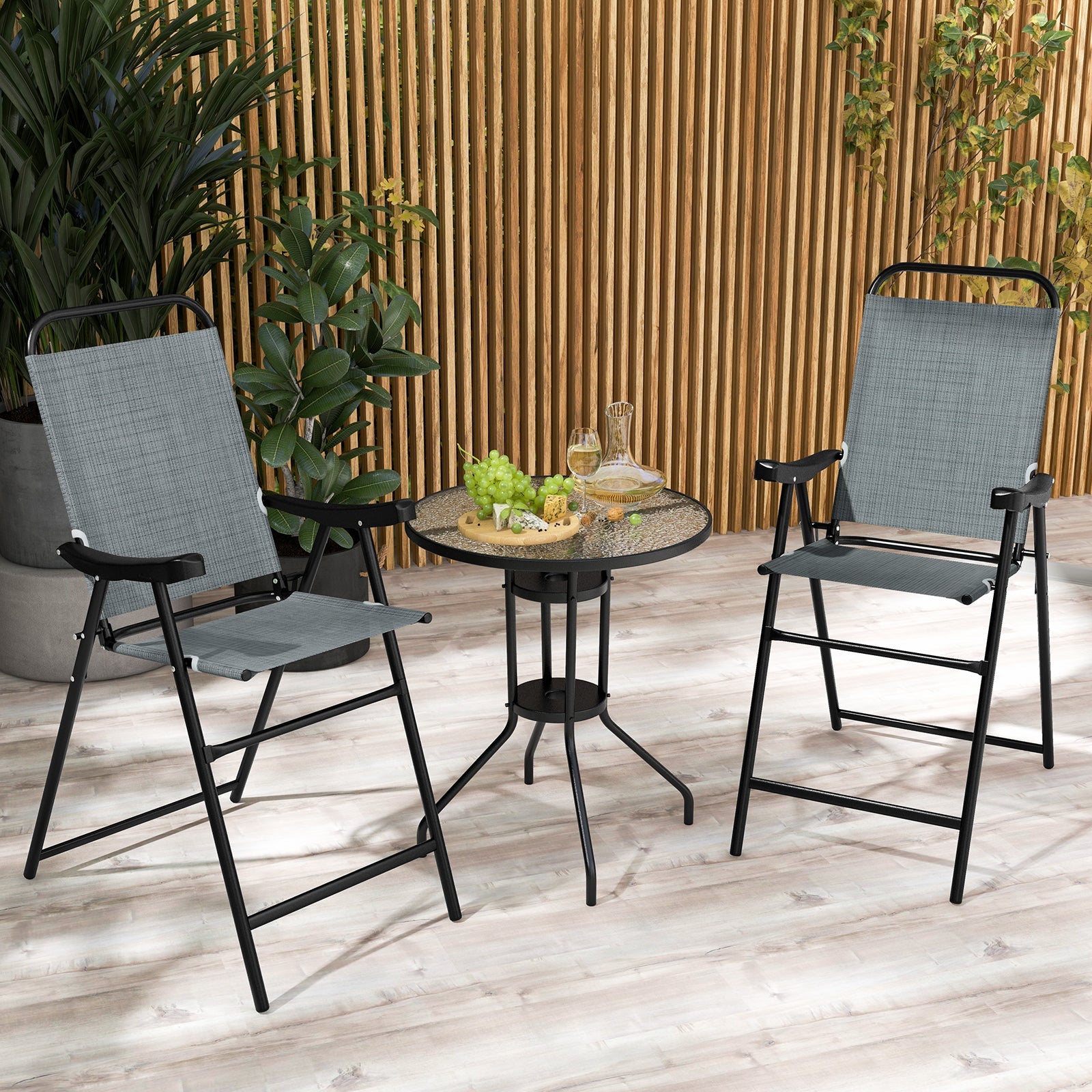 Patio Folding Bar Stool Set of 2 with Metal Frame and Footrest-Blue