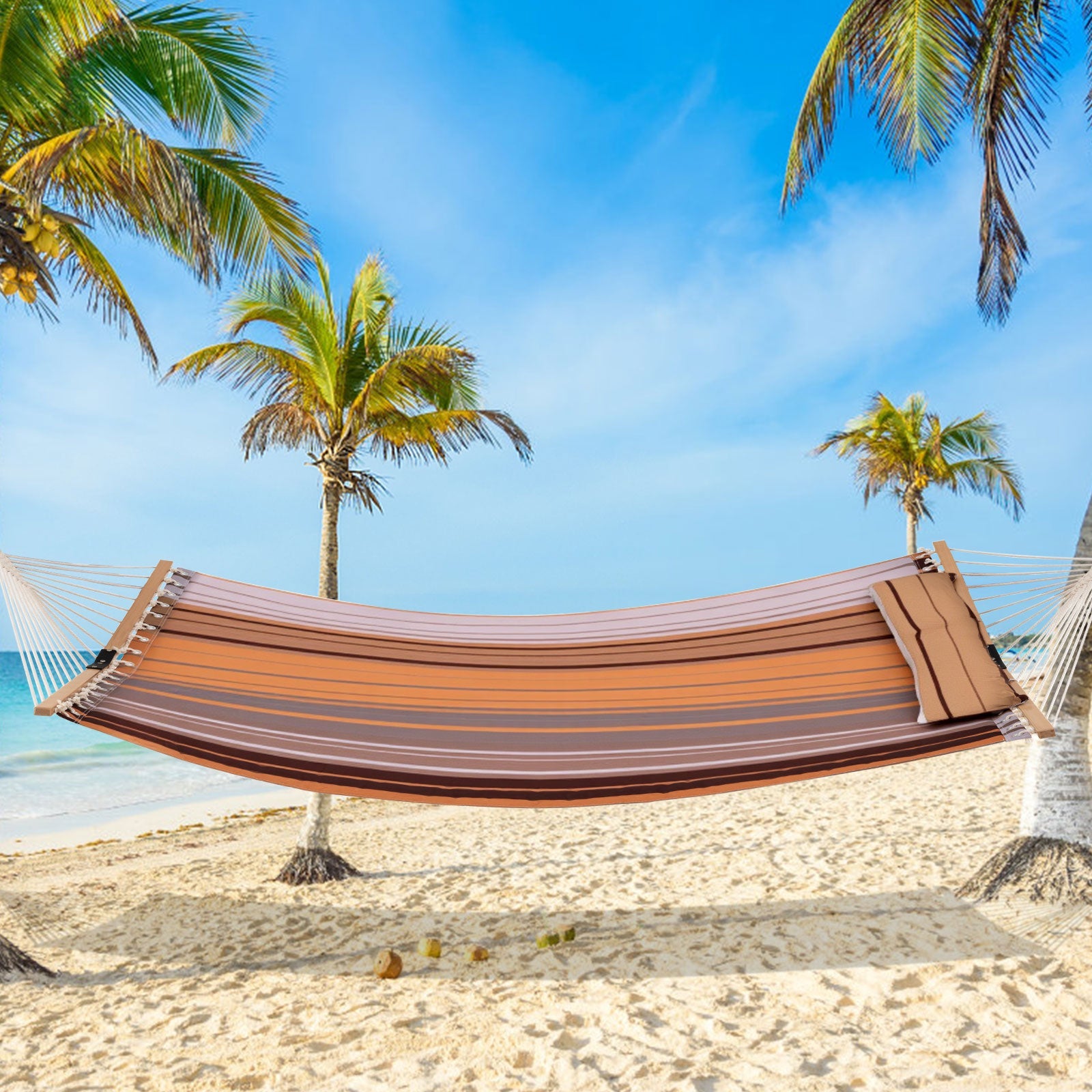 Patio Hammock Foldable Swing Chair Bed with Detachable Pillow-Brown