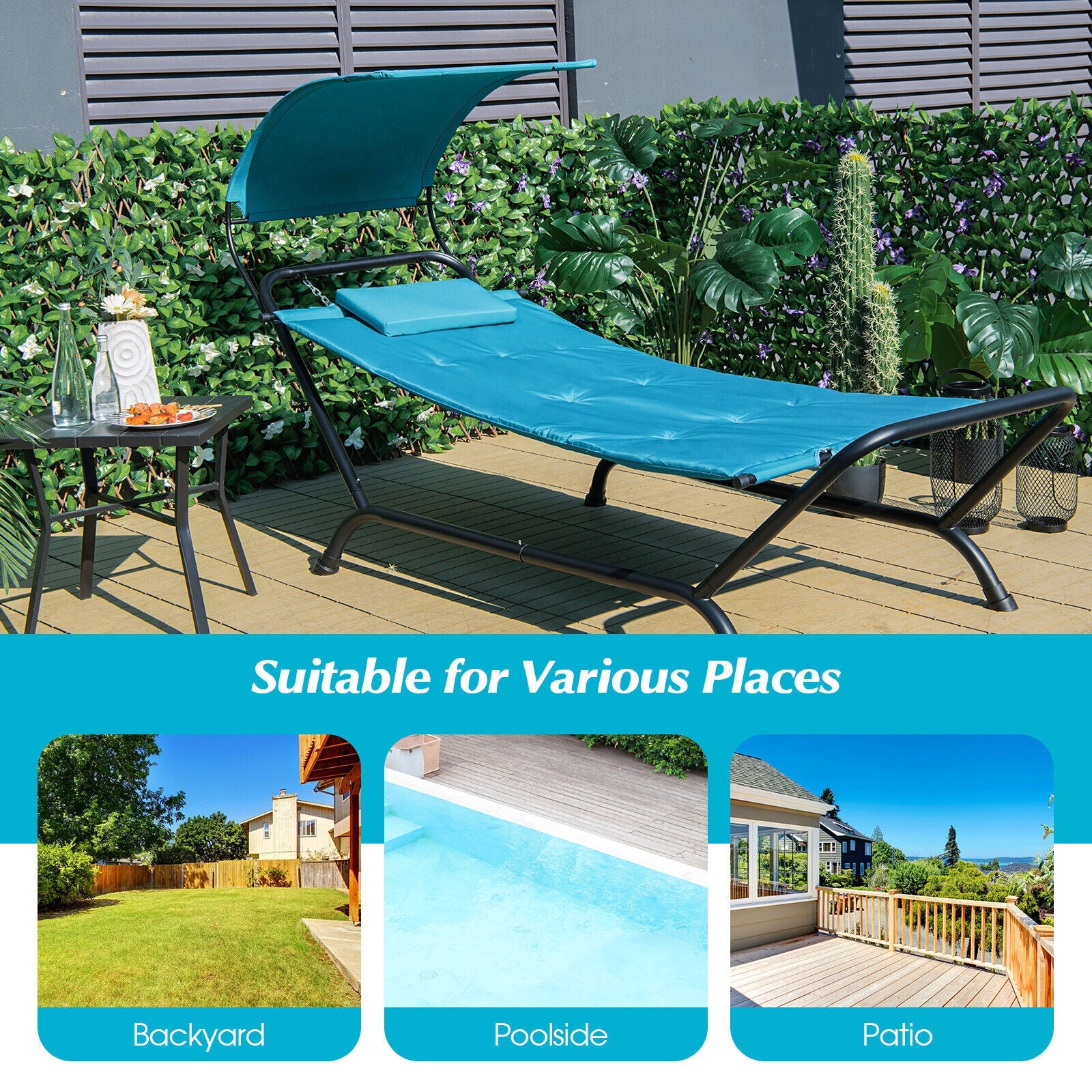 Patio Hanging Chaise Lounge Chair with Canopy Cushion Pillow and Storage Bag-Navy