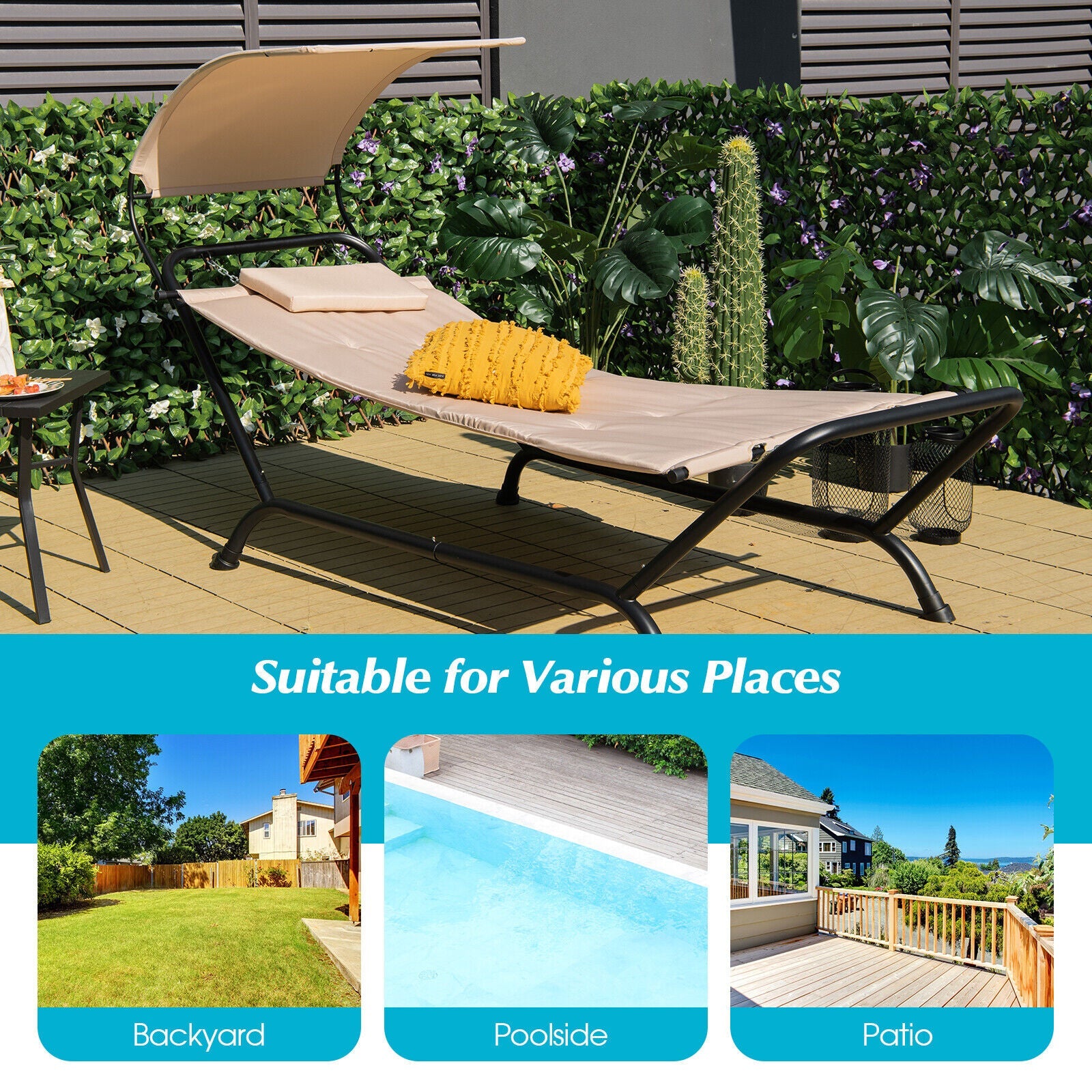 Patio Hanging Chaise Lounge Chair with Canopy Cushion Pillow and Storage Bag-Beige