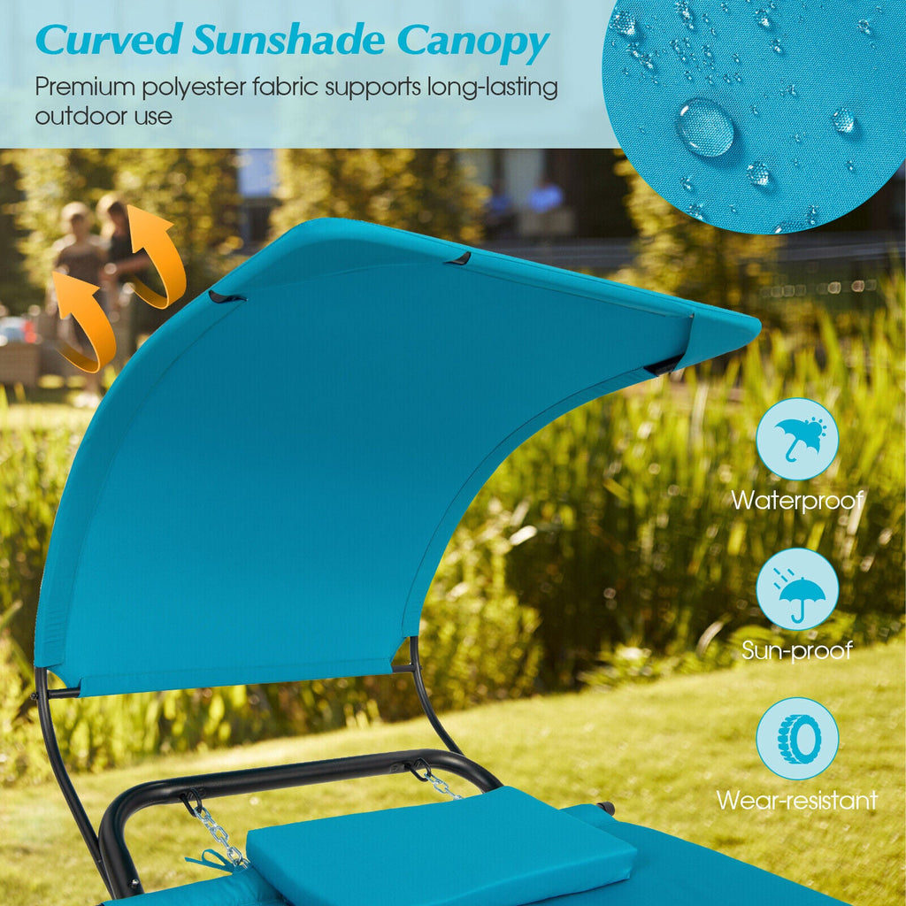Patio Hanging Chaise Lounge Chair with Canopy Cushion Pillow and Storage Bag-Navy