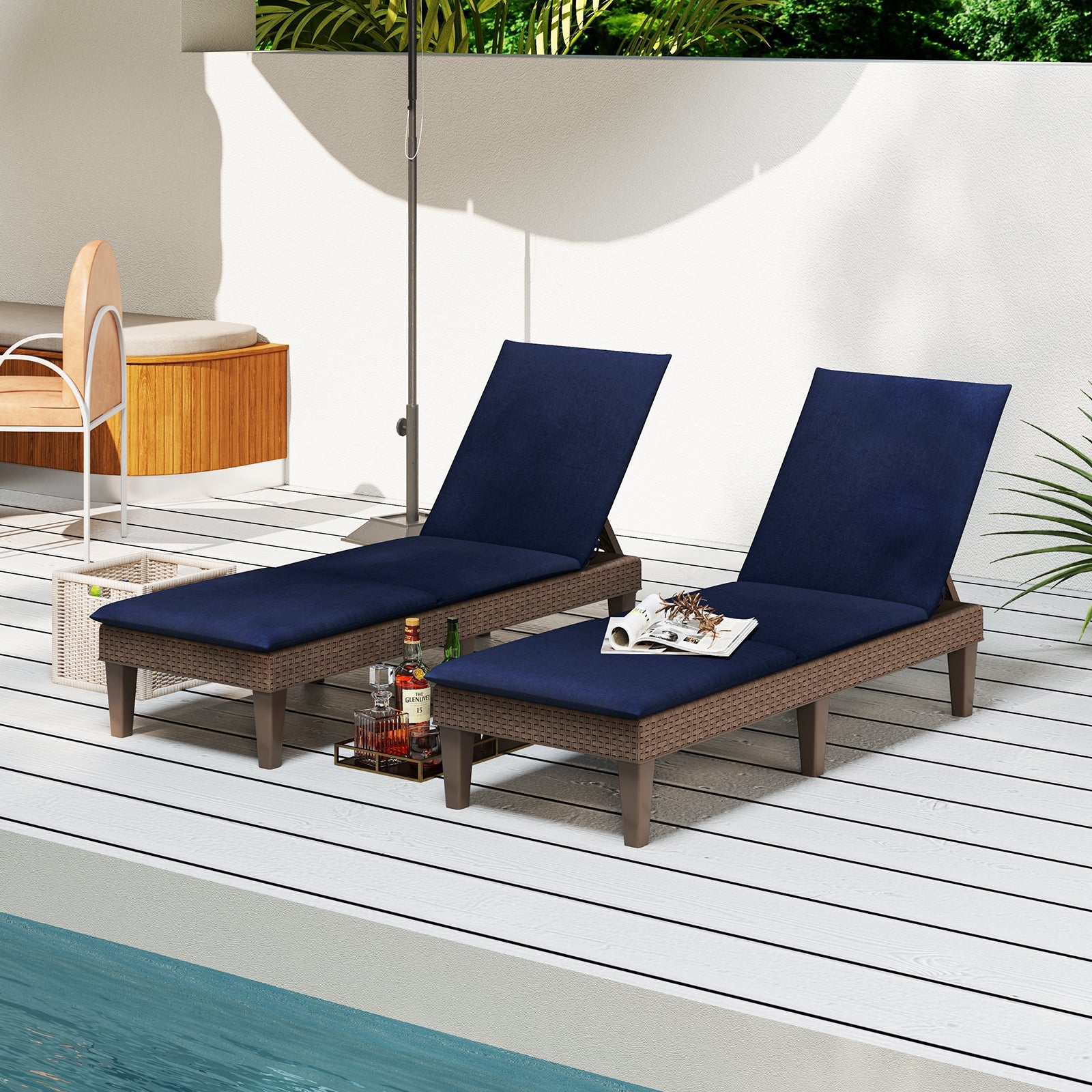Patio Lounge Outdoor Recliner Chair with Cushion 3-Position Adjustable Backrest-Navy