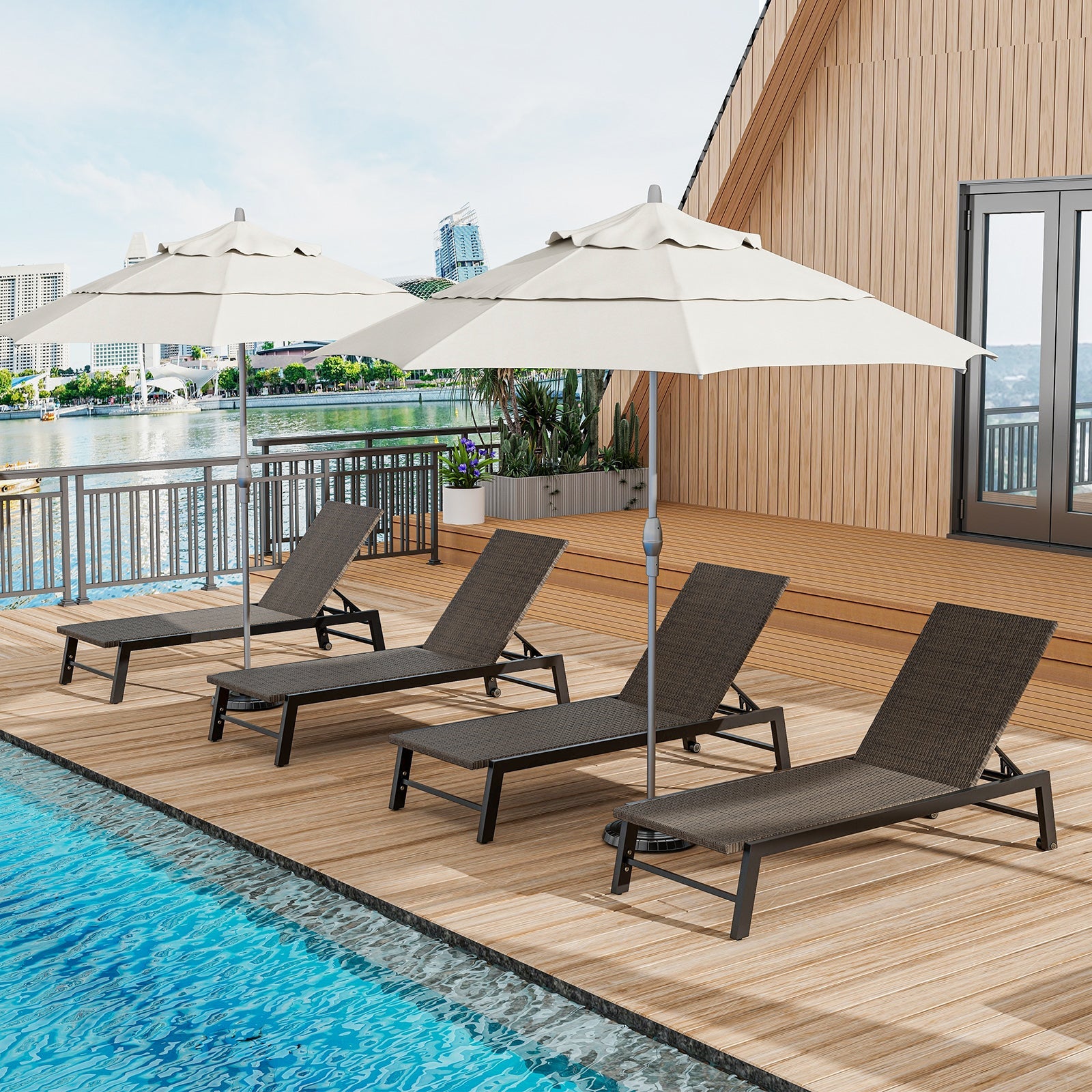Patio PE Rattan Chaise Lounge with 5-Level Backrest and Wheels-Brown