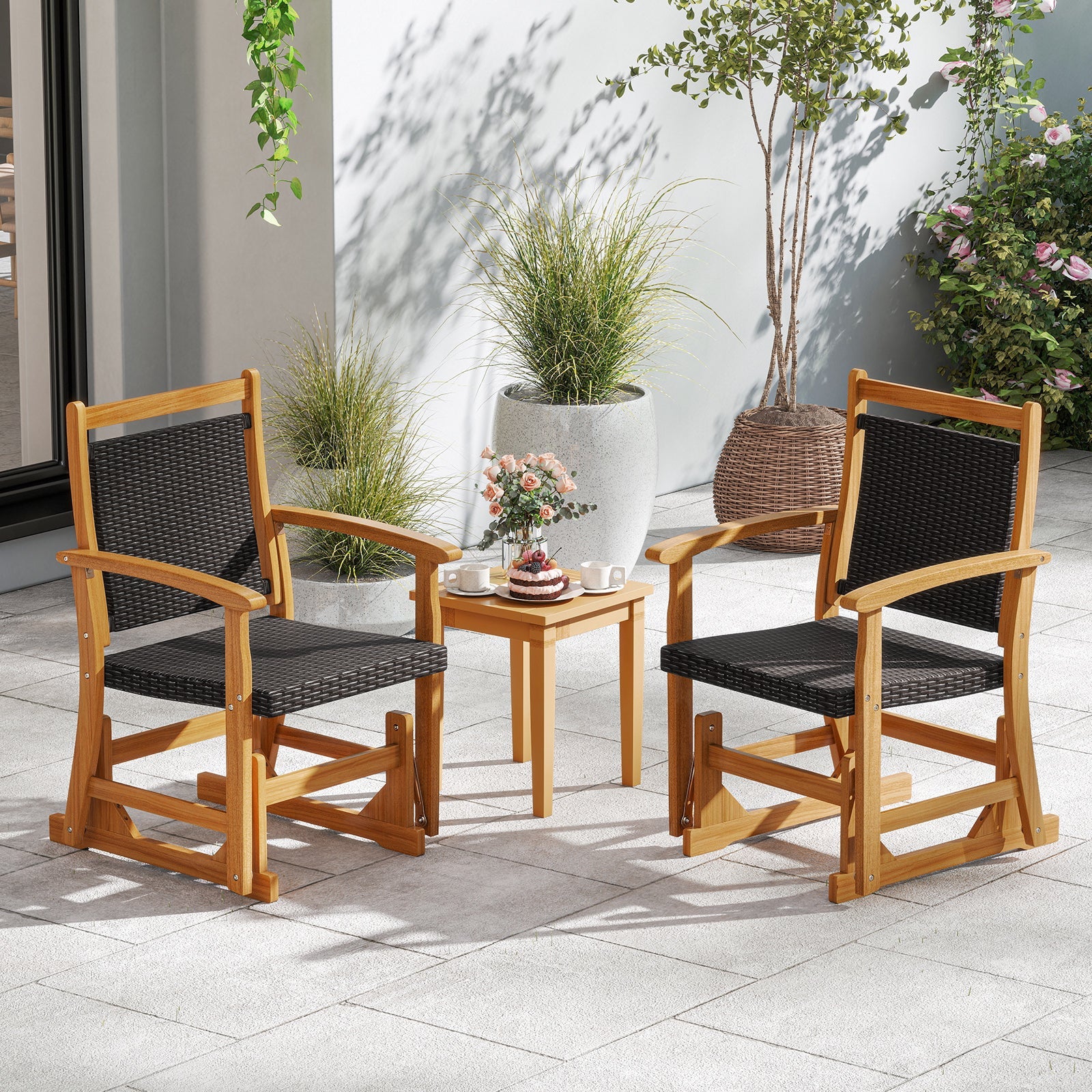 Rattan Glider Chair with Acacia Wood Frame