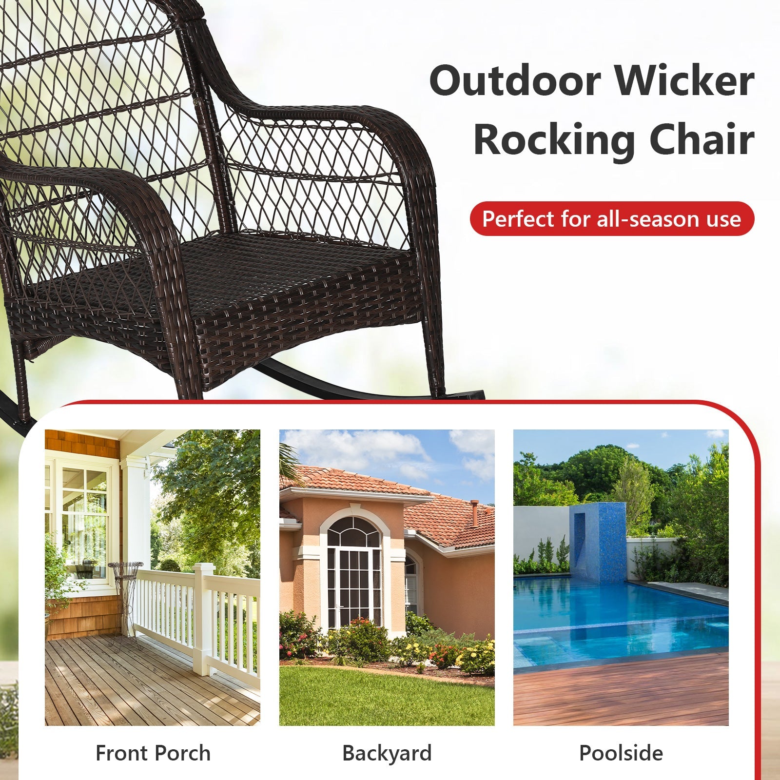 Patio Rattan Rocking Chair with Seat Back Cushions and Waist Pillow-Black