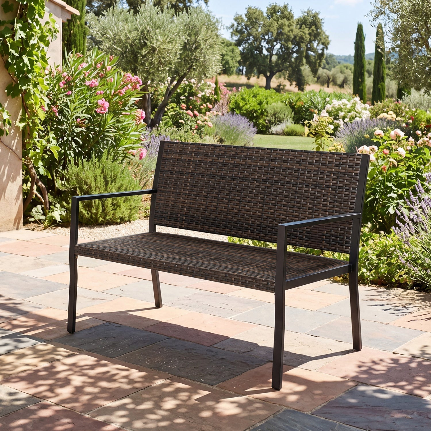 Outdoor Rattan Loveseat with Sponge Cushion - 800 lbs Capacity