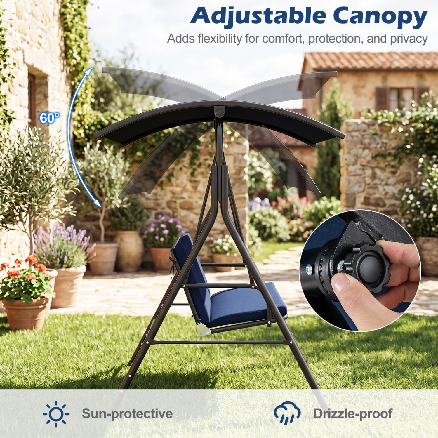 2-Person Patio Swing Chair with Adjustable Canopy